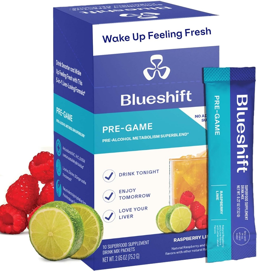 Blueshift Pre-Game - Pre-Dinking NAC Supplement, Electrolytes Powder Packets, Hydration Packets, Liver Support med Ginger, Cysteine, Melk Thistle, Ingen Sukker pulver Sticks (10 Pack)