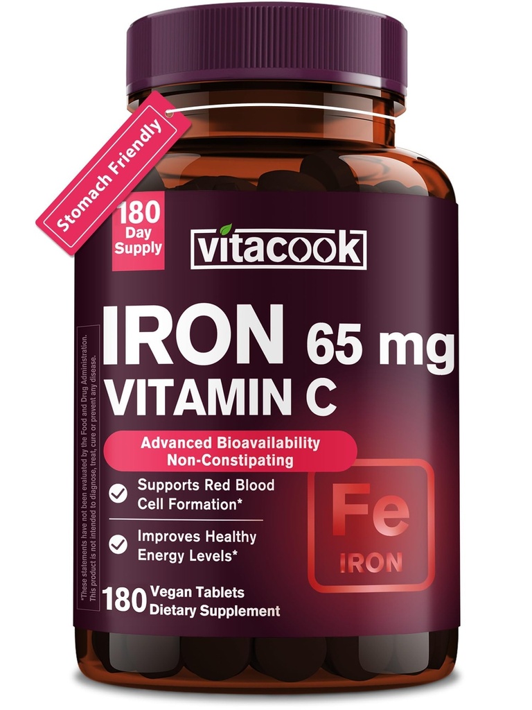 Iron Supplement for kvinner menn, høy styrke jern 65mg med vitamin C 250mg, Magevennlig jern piller for rød blodcelle og immun støtte, ikke-GMO & glutenfri, 180 Vegan tabletter
