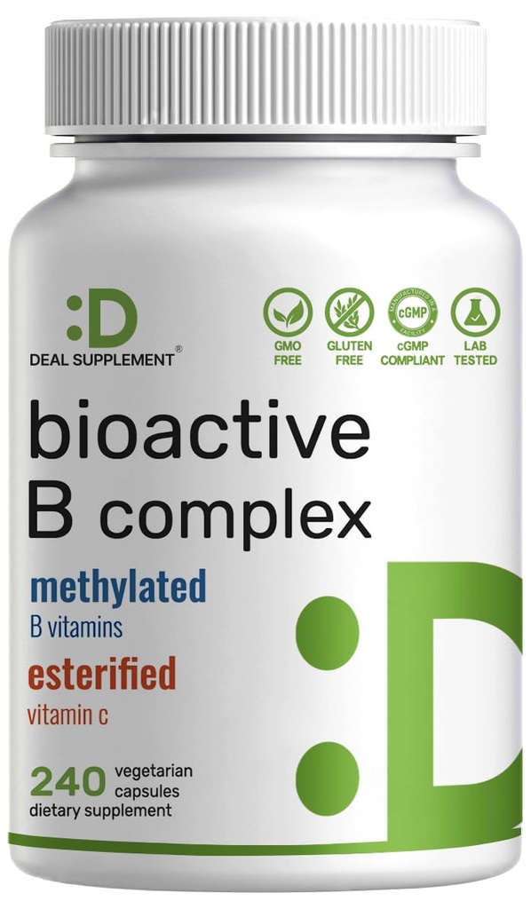 Bioaktiv Vitamin B-kompleks for menn og kvinner, 240 Veggie-kapsler - metylert B-kompleks og esterifisert vitamin C - høy styrke og enkel absorpsjon – immun, energi og metabolisme Supplement - Ikke-GMO