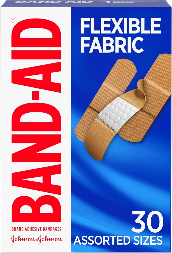 Band-Aid merkefleksibel stoff klesbånd, behagelig sterile beskyttelse og sår omsorg for mindre kutt og forbrenninger, Quilt-Aid teknologi til kusjion smertefulle sår, sorterte størrelser, 30 ct