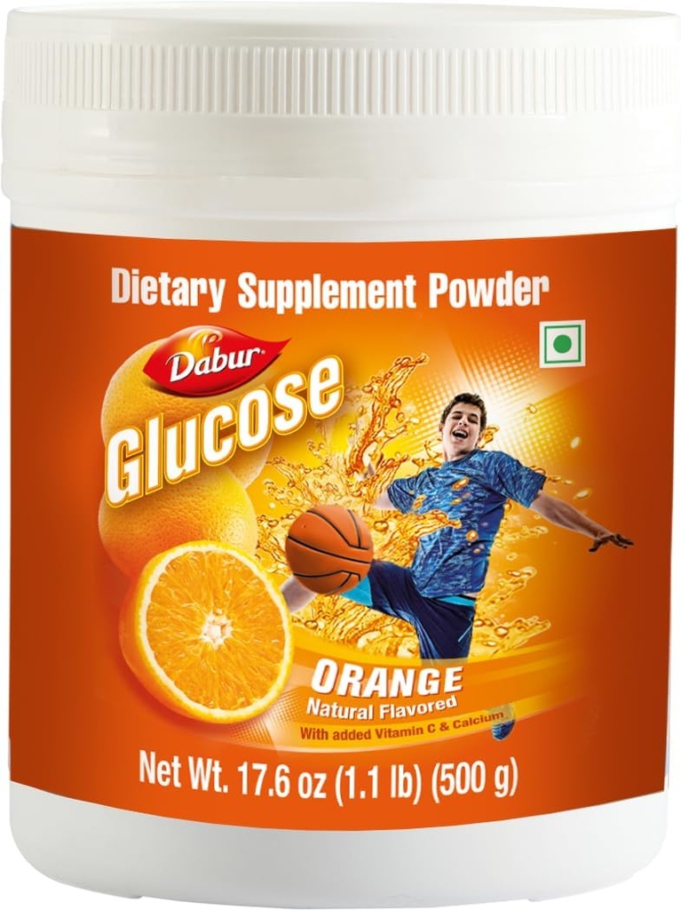 Dabur glucose - glucose pulver - forsterket med vitamin D og kalsium - En Tasty Orange - 500 gram