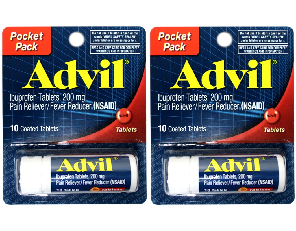 2 Pakke Pocket Pack Advil Pain Reliever / Feber Reduser Ibuprofen 200 mg - 10 belagte tabletter PER Pack (20 tabletter totalt)