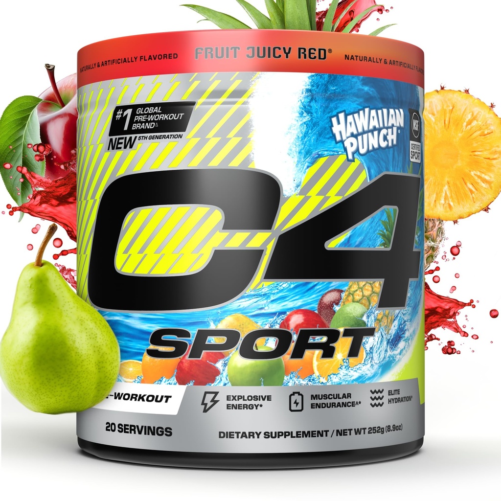 Cellucor C4 Sport Pre Workout pulver - NSF-sertifisert for idrett - Elite Hydration - 200mg Koffein + Kreatin + Beta-Alanin - Electrolytes og energitilskudd - Hawaiian Punch, 20 Services