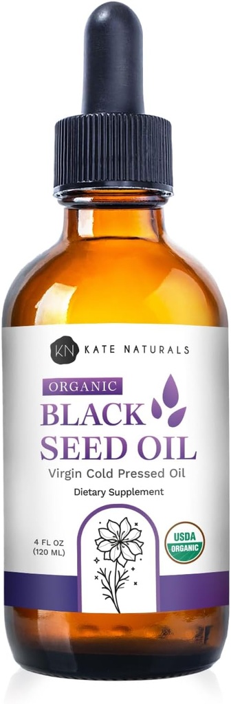 Kate Naturals Organic Black Seed Oil (4oz, Jomfru, Cold Pressed, ikke-GMO) flytende Nigella Sativa for immun støtte og digestion. Pure Black Seed Cumin olje for hår og hud