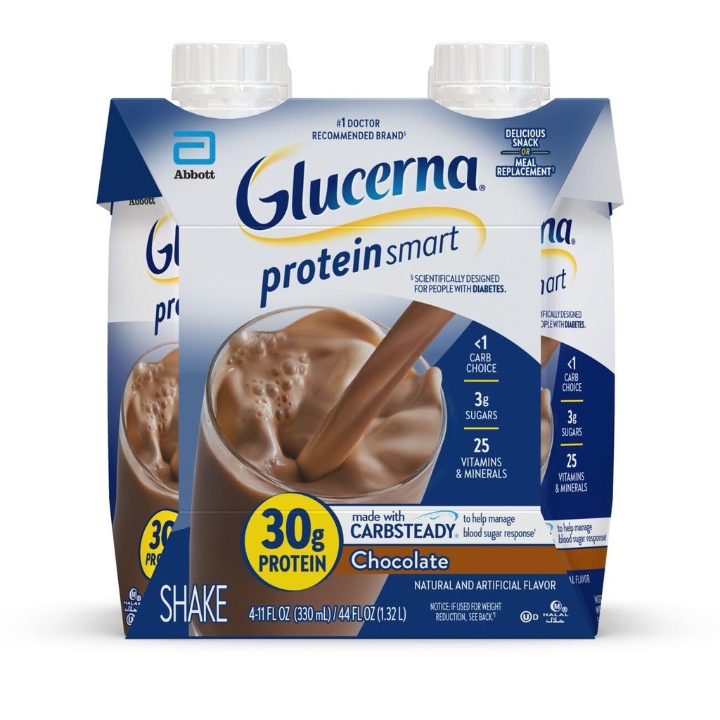 Glucerna Protein Smart Diabetes Care Shake, Sjokolade, Diabetisk Måltid Erstatning for å støtte Blood Sucker Management, 30g Protein, 150 kalorier, Klar til å drikke, 11-fl-oz flaske, 4 Pack