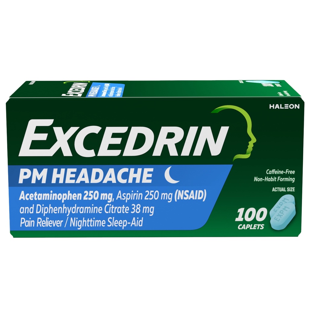 Excedrin PM for hodepine lindring, Acetaminophen 250mg, Aspirin 250mg, Diphenhydramin Citrat 38mg, smertefriere, nattesøvn-Aid, 100 teller