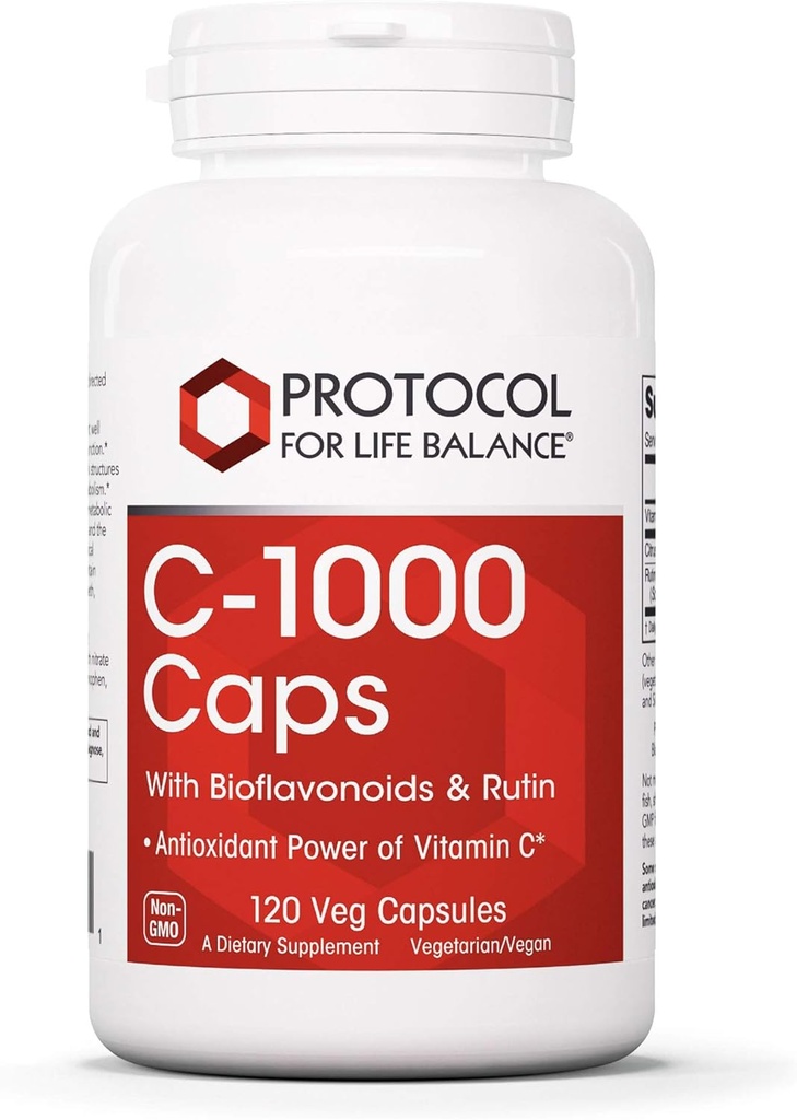 Protocol For Life Balance - C-1000 Caps med Bioflavonoids og Rutin - Antioksidant kraft av vitamin C, støtter sunn immunsystemfunksjon, gir cellular beskyttelse - 120 Veg Kapsler