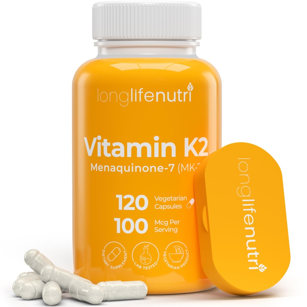 LongLifeNutri vitamin K2 MK-7 100mcg - Næringsstøtte for bein og sirkulasjon, 120 vegetariske kapsler, 4-måneders forsyning, Lab testet, laget i USA, ikke-GMO