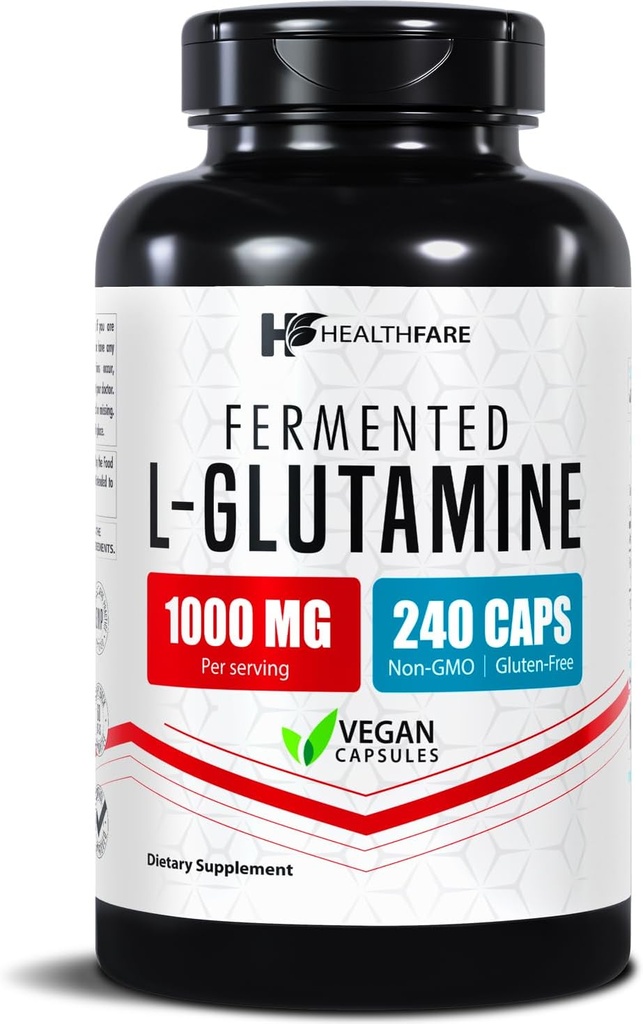 HealthFare L Glutamine 1000mg | 240 Vegan Kapsler | Ekstra styrke Aminosyre Supplement | Støtter Digestiv balanse, Nutrient Absorpsjon & Muskelgjenvinning | Ikke-GMO, Glutenfri | laget i USA
