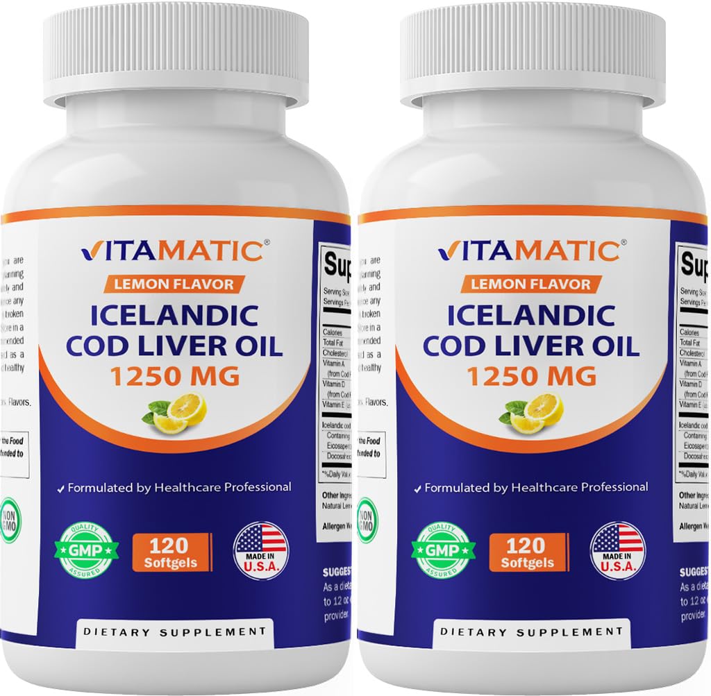 Vitamatic 2 Pack islandsk cod leveroljekapsler 1250mg 120 Softgels (Lemon Flavor) - fremmer kardiovaskulær helse