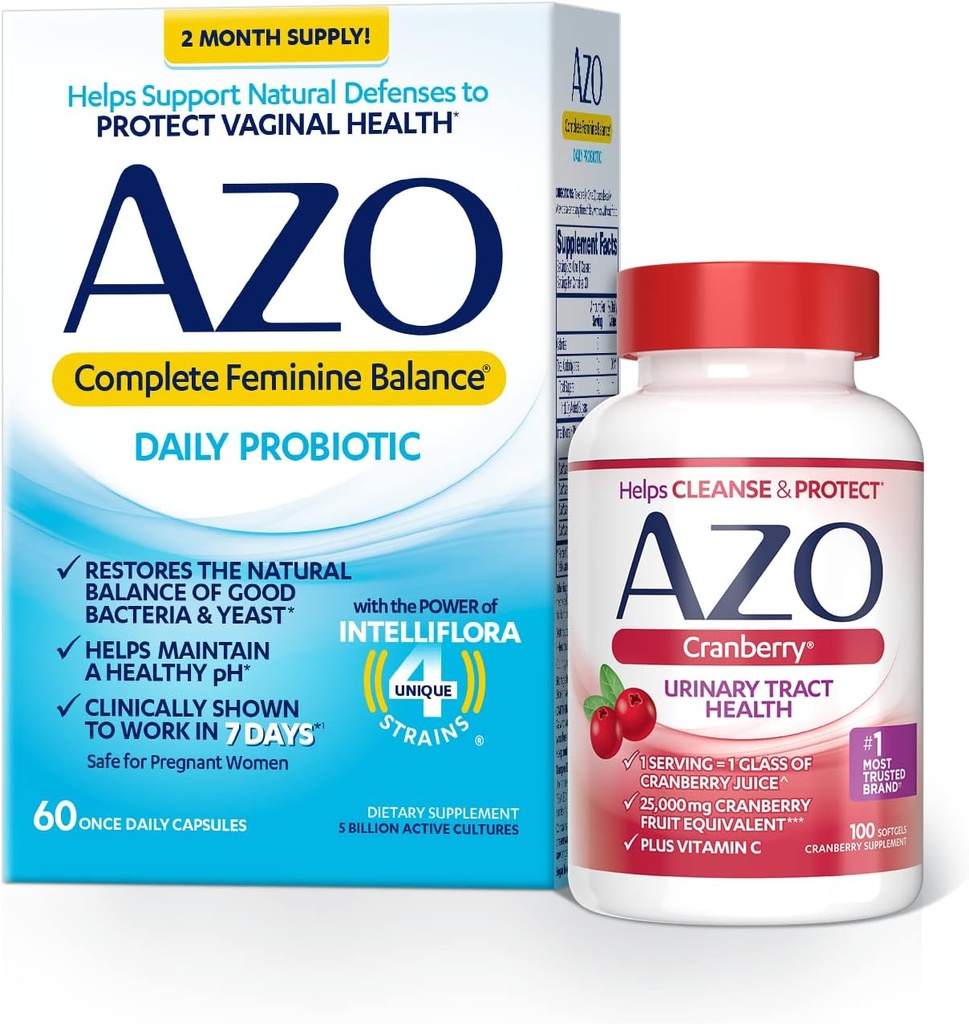 AZO Komplett feminin balanse daglig probiotika for kvinner (60 greve) + Cranberry Softgels for urinbåndstrakt helse (100 greve)