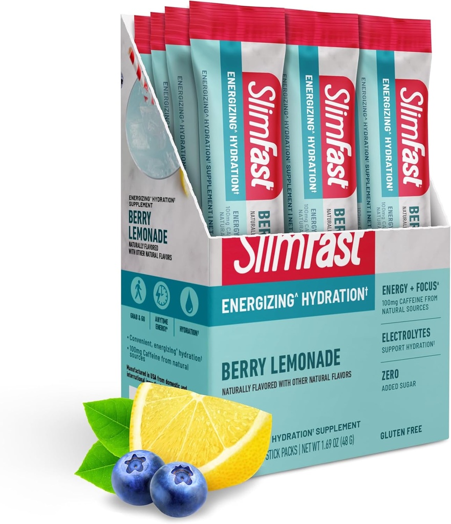 SlimFast Hydration Packets, Intermittent Faste Elektrolytter, Drikkemikser, Intermittent Faste pulver, Energipulver Drikke Blande, Koffein, Elektrolytter for Hydration, Berry Lemonade (12 greve)