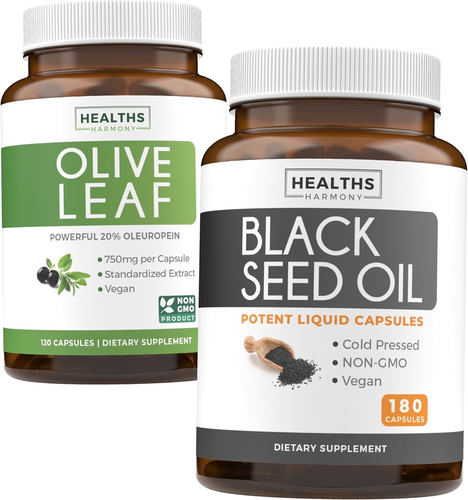 Olive Leaf & Black Seed Oil (3-måneders forsyning) Leaf & Seed Bundle av Olive Leaf Extract (120 kapsler) Super styrke og svart Seed Oil (180 kapsler) Kald presset Nigella Sativa Cumin Seed