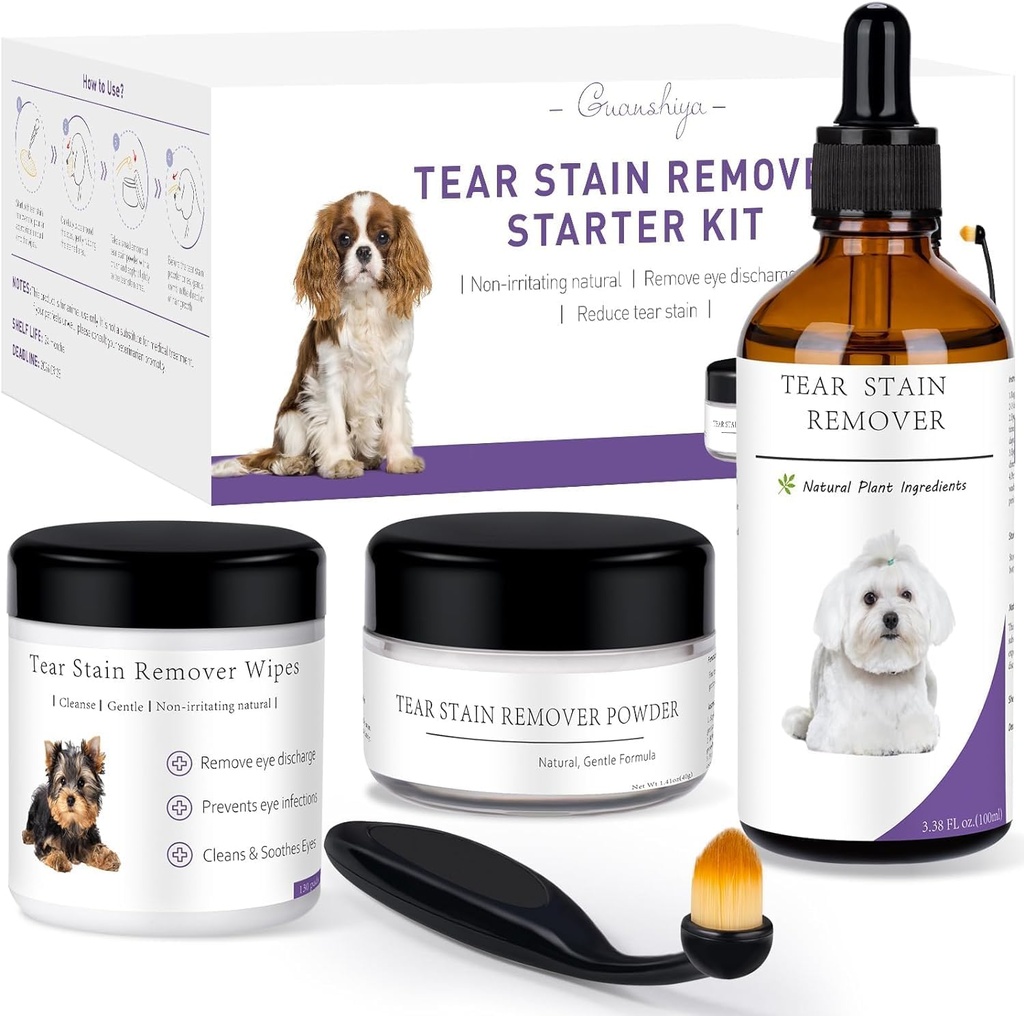 Dog Tear Stain Remover Starter Kit–Tear Stain Remover for hunder forsiktig å fjerne Tear Stains, Utladelse & Mucus– Inkluderer Stain løsning, Applikator Pads, Stain pulver & pensel– varer 30-45 dager
