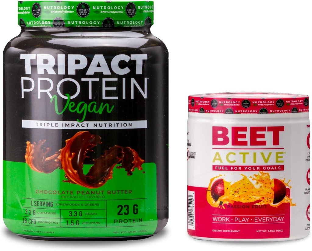 Nutrologi TRIPACT Vegansk proteinpulver, for vegansk proteinshake, sjokolade peanut smør (20 serveringer) & beet aktiv, lidenskap frukt flavor (30 serveringer)