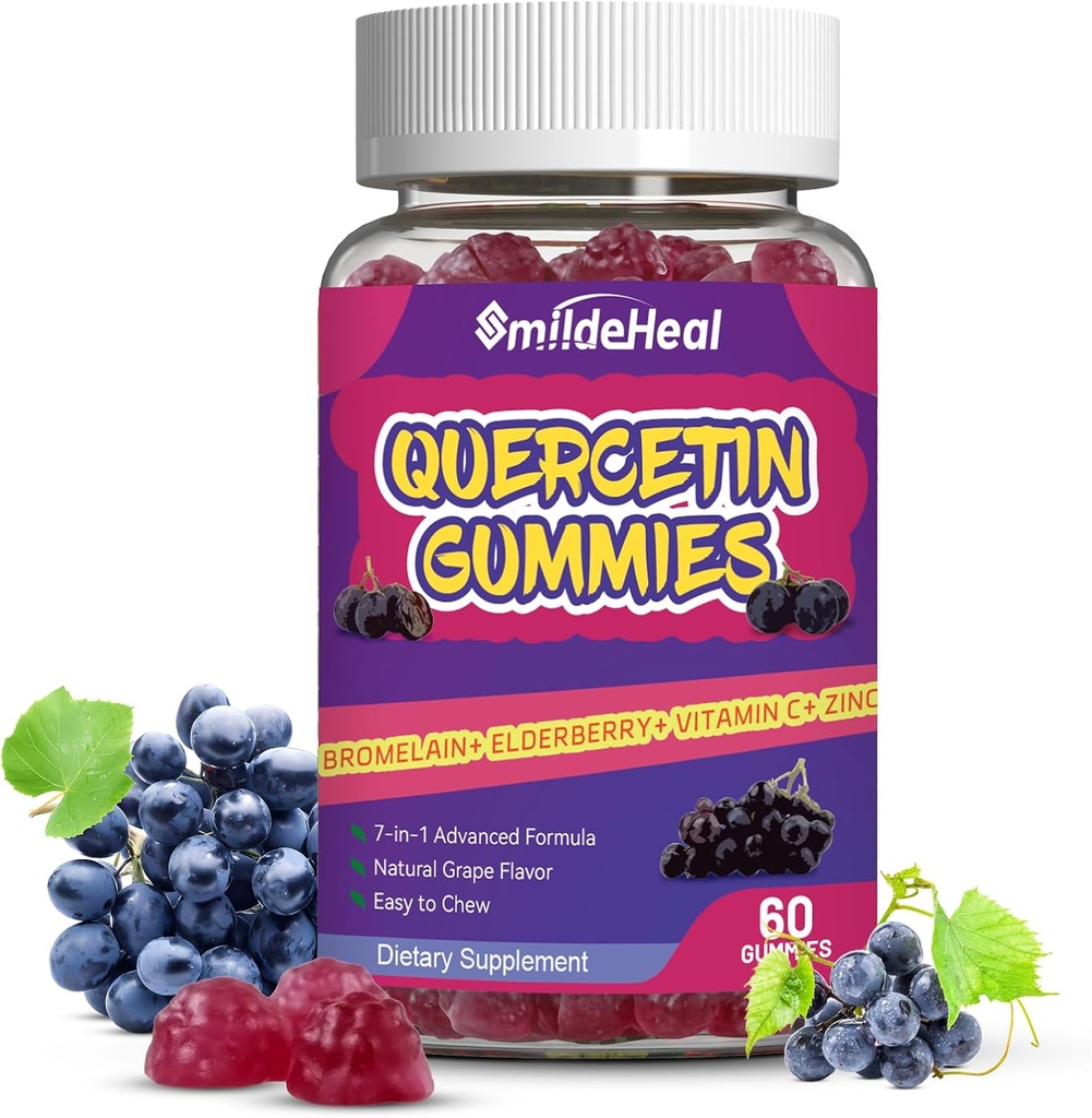 Quercetin Gummies 1200MG, Quercetin Gummies med Bromelain, sink vitamin C, Quercetin Supplement Gummies for voksen & barn, 60 Vegan Gummies