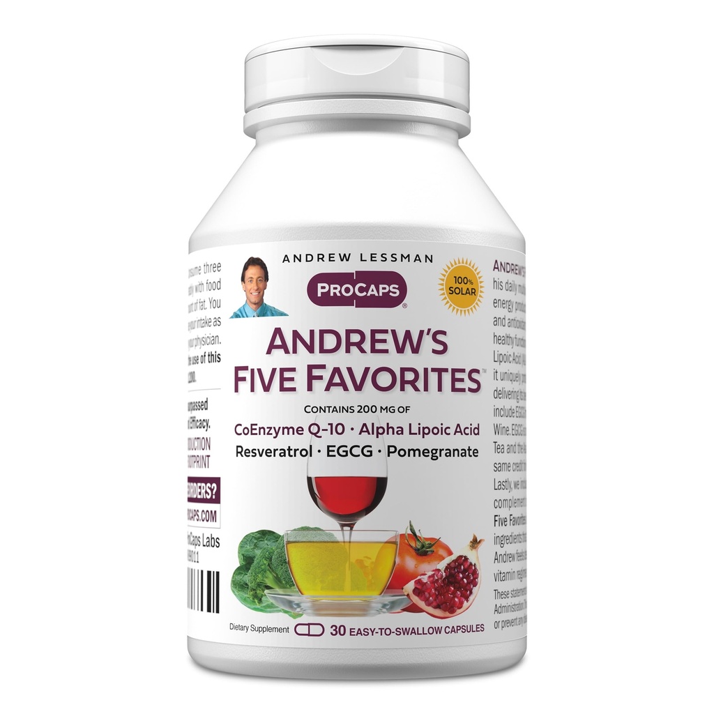 ANDREW LESSMAN Andrews fem favoritter 30 kapsler - gir 200 mg Hver av Coenzym Q-10, Resveratrol, EGCG, Pomegranat og Alfa Lipoic Acid, Kraftig Anti-Oksydant støtte, Ingen additiver