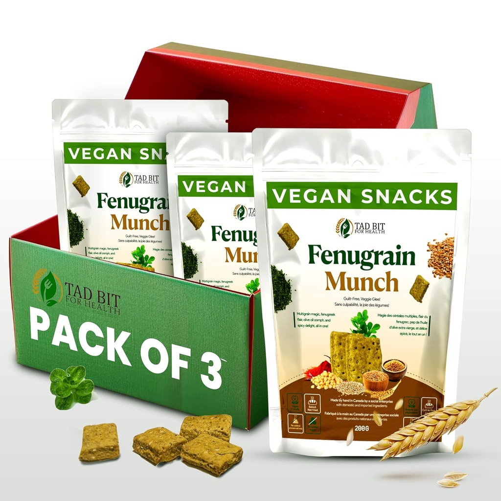 Tad Bit's Fenugrain Munch Premium Indisk Håndlaget Saltig Vegansk Snacks Krakkere Plant Basert Vegansk Sunn Snacks for voksne og barn | Dairy Free, Sukker Free Snacks | Lav Calorie Hele Wheat Digestive Biscuits (3 Pack, 600, Gram)