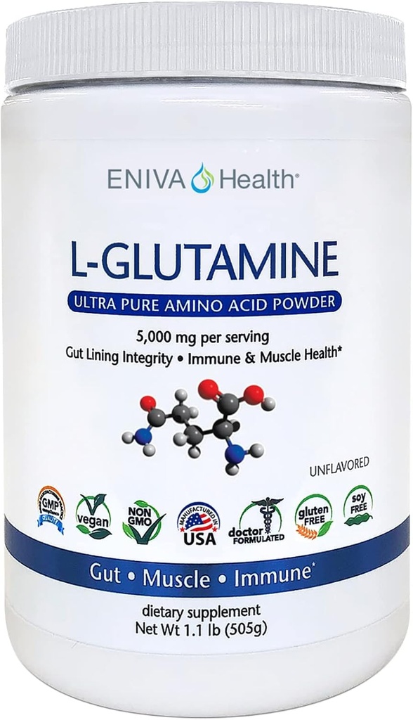 Eniva Health L-Glutamine Pudder, Unflavored (101 Serverings) | Vegansk, Glutenfri, Sukkerfri, Ikke-GMO | Doctor-formulert, USA laget | Gut helse, Leaky Gut, Bleating, Muskelhelse, Immunsystem
