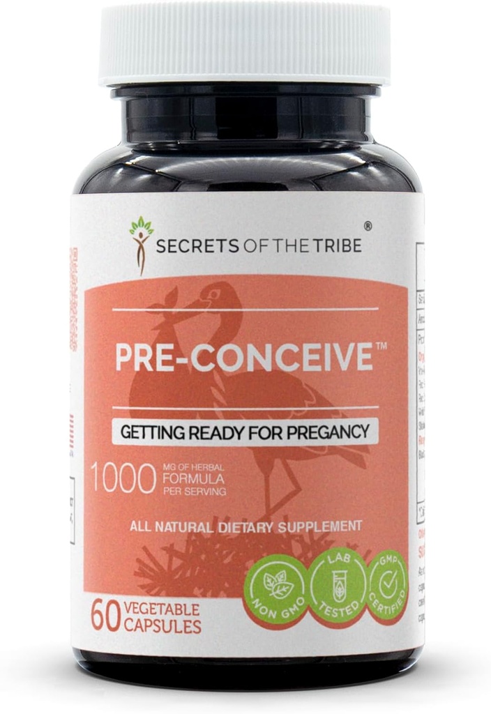 Hemmeligheter av Tribe Pre-Conceive, 60 kapsler, 1000 mg, Vitex, rød bringebær, svart cohosh, rød Clover, hvit peony, Shatavari. Klar for graviditet 60 kapsler