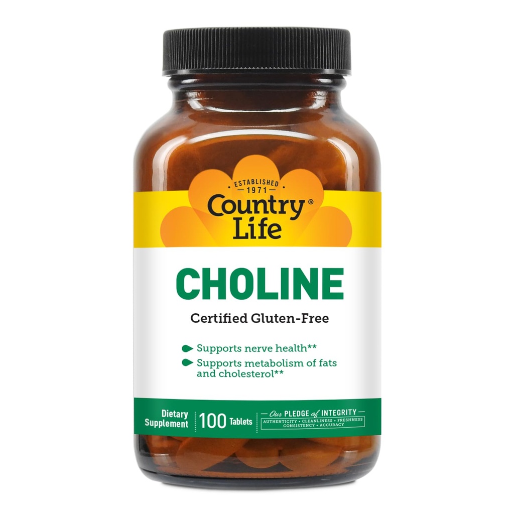 Country Life Choline 266mg, sertifisert Glutenfri, sertifisert Vegan, sertifisert Halal - 100 Tabletter
