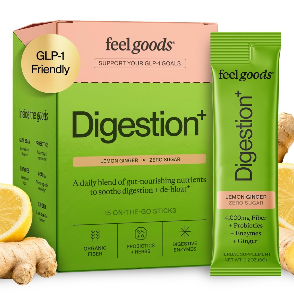 Feel Goods Gut Guardian, Organisk fiber, Probiotiske og prebiotiske pulver, sukkerfri, urter for Bloat, Gut Helse støtte, Digestiv helse for menn og kvinner, Ikke GMO, Vegansk, Lemon Ginger, 15 greve
