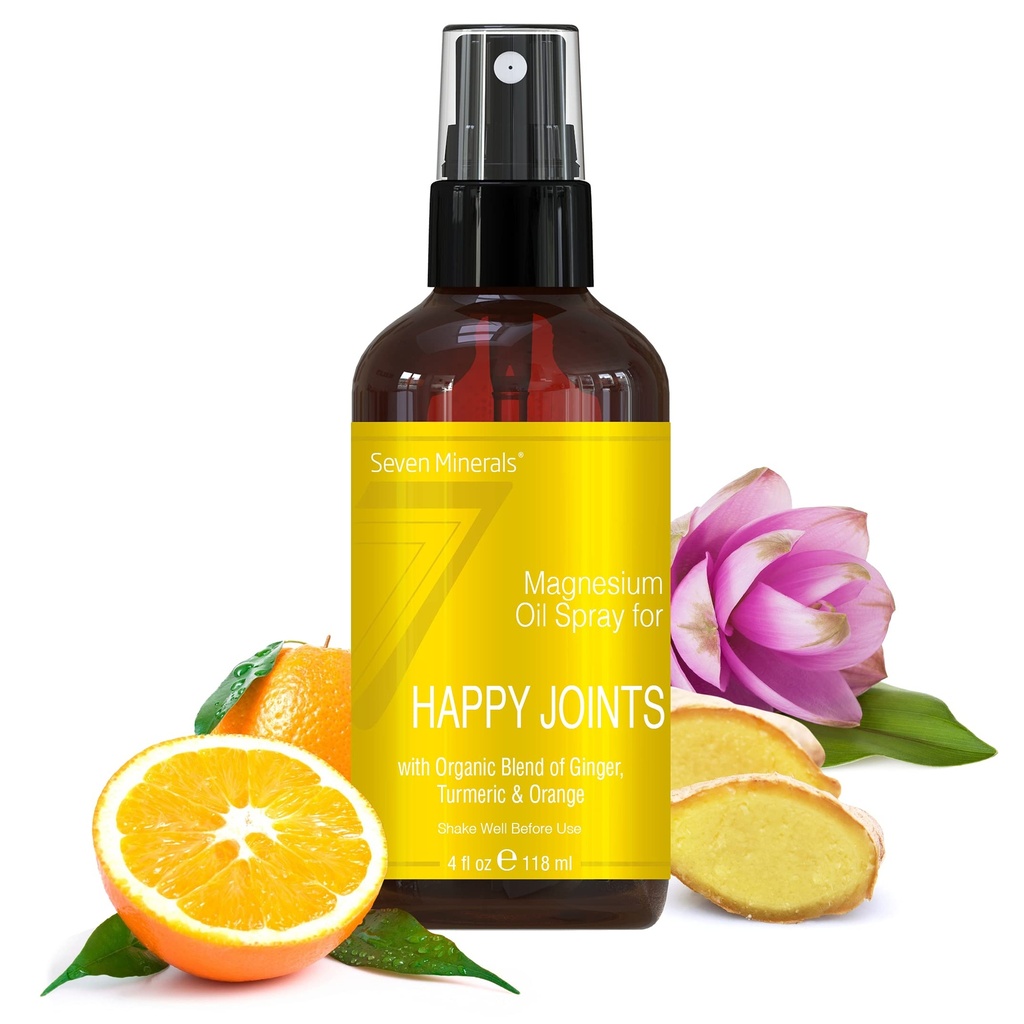 7 Mineraler, Magnesium Happy Joints Spray - Kraftig USA laget magnesiumolje blanding med essensielle oljer (Turmeric, Ginger og Orange) - Gratis Ebook Inkludert (4 fl oz)