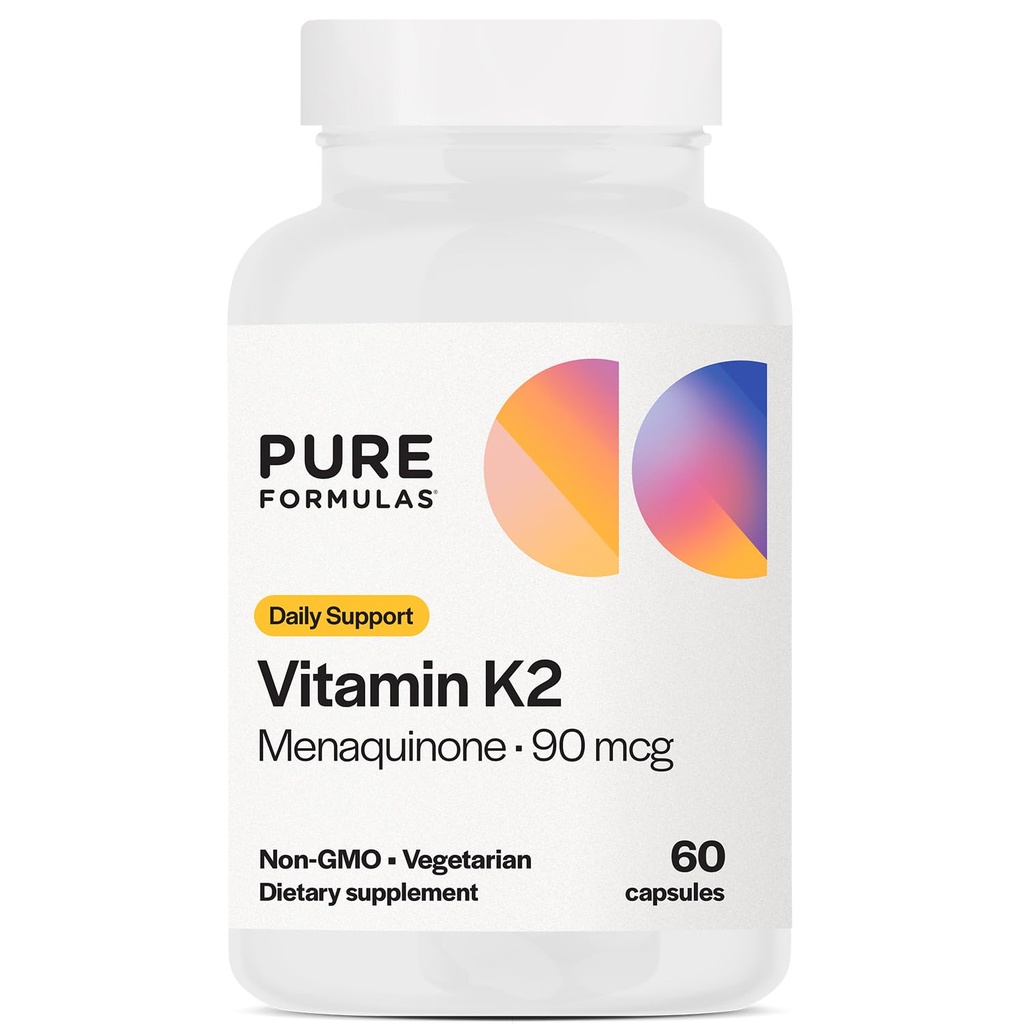 PureFormulas Vitamin K2 MK7 (Menaquinon-7) | Høy Potens 90mcg | 60 Vegetariske kapsler | Bein & kardiovaskulær støtte | Soja-fri, ikke-GMO, 60 dagers forsyning