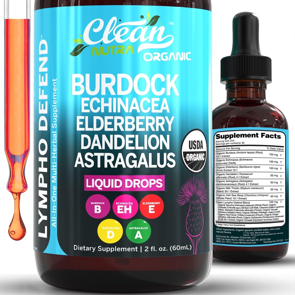 Økologisk lymfatisk dressing Supplement | Lymphatisk støtte Dråber | Burdock Root Echinacea Elderberry Dandelion Astragalus Melk Thistle Sea Moss Red Clover Cleanse Marigold Drop av Clean Nutra
