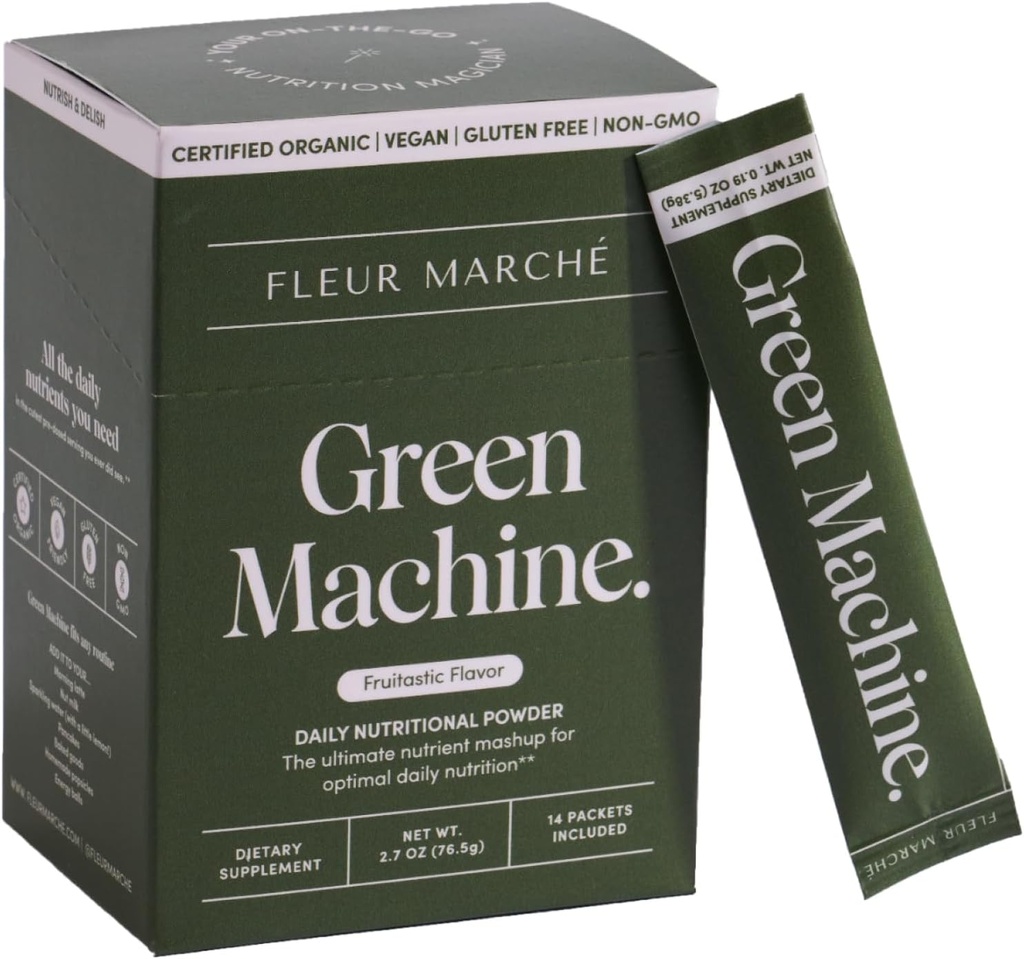 Fleur Marche Green Machine Super Greens Powder Packets - Organic Greens, Fruit & Probiotika - Supermat for Digestion, Energi, Mikrobiom Support & Detox - På-The-go Grønn Juice - 14 Packets