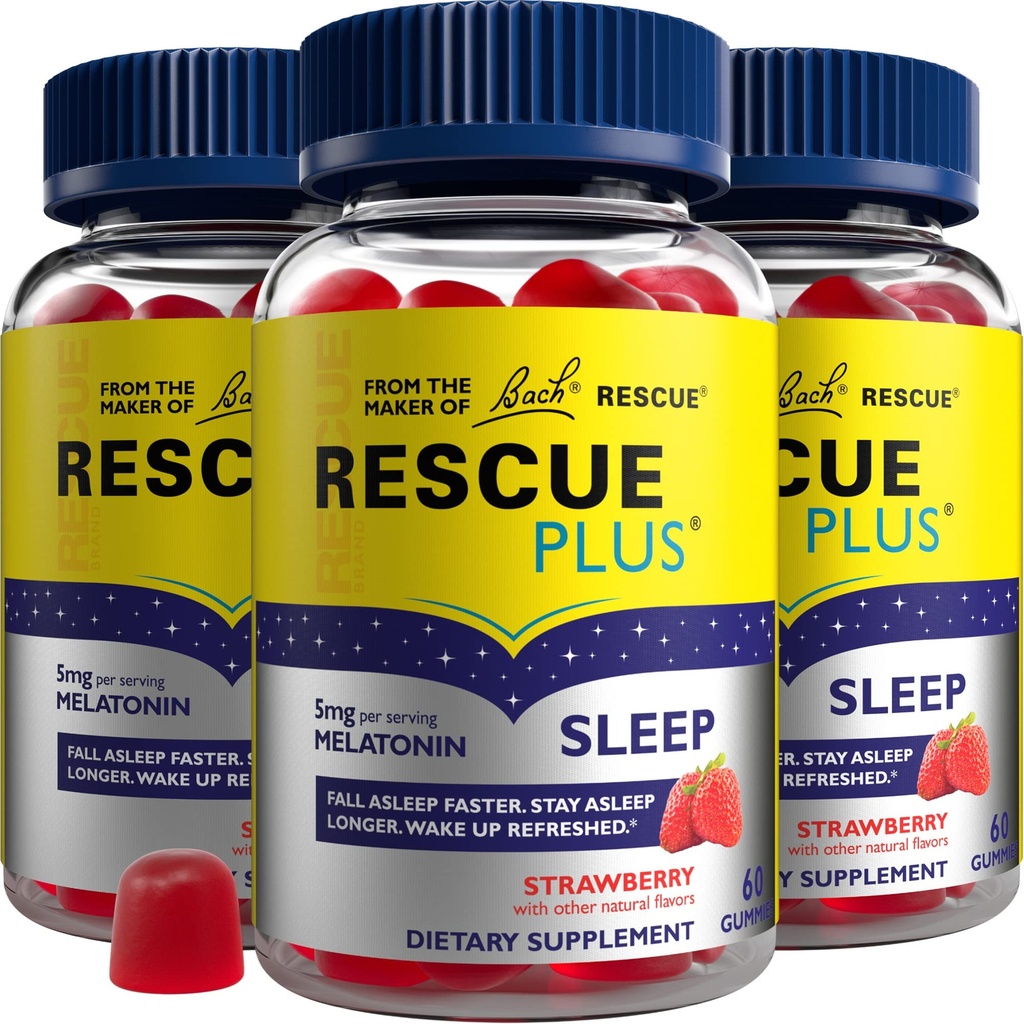 Bach RESCUE PLUS Melatonin Sleep Gummies, Naturlig Strawberry Flavor, Søvnhjelp, Diett Supplement, Vegansk, Glutenfri, Ingen Kunstig Flavors, Farger eller Søtere, 3 Pack, 180 Antall Totalt