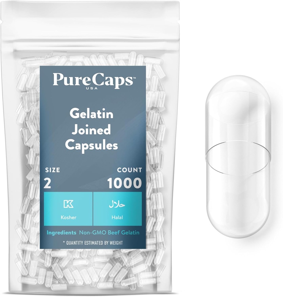 PureCaps USA - Tomme Gelatin Capsules Størrelse 2| 1000 Registrert ikke-GMO SLS, Gluten, Preservativ Gratis