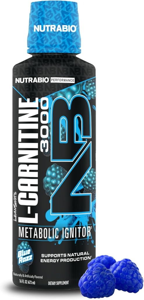 NutraBio – L-karnitin flytende skudd – 3000 mg, (Blue Razz) – 10 mg vitamin B-5 – Zero Carbs & Sukker – Energiproduksjon – Muskelgjenvinning