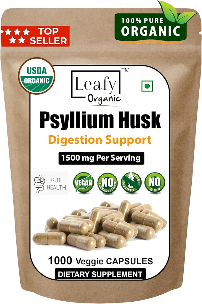 Psyllium Husk 1500mg Per servering, 1000 kapsler - Dobbel styrke - Premium Psyllium Fiber Supplement - Flott for Digestion og regelmessighet - 100% naturlig løselig fiber