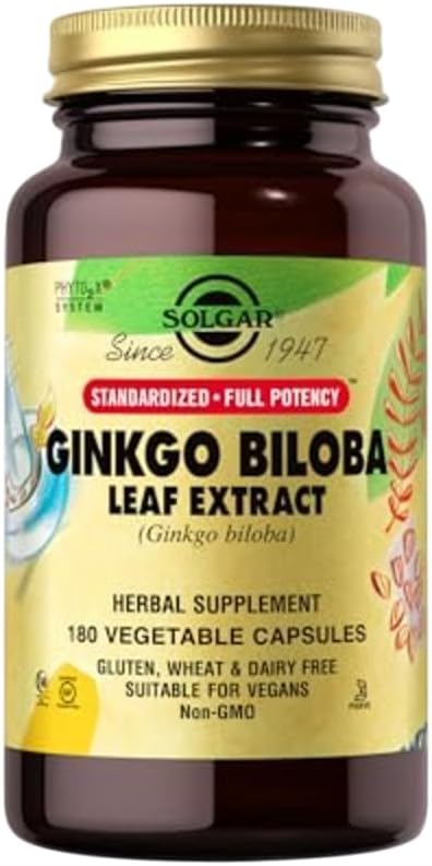 Solgar Ginkgo Biloba Leaf Ekstrakt - 180 Grønnsaker Kapsler - Standardisert Full Potens (SFP) - Ikke-GMO, Vegan, Glutenfri, Dairy Free, Kosher, Halal - 180 Services