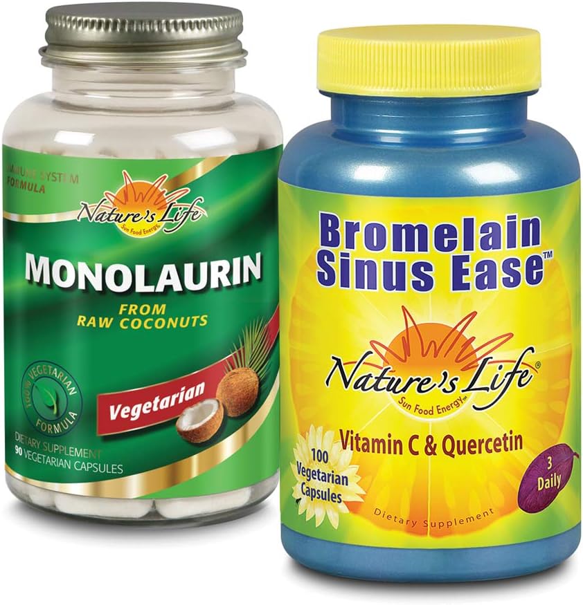 Naturens liv Monolaurin & Bromelain Sinus Ease Bundle | sunn immunfunksjon og respirasjonsstøtte | 90ct, 100ct