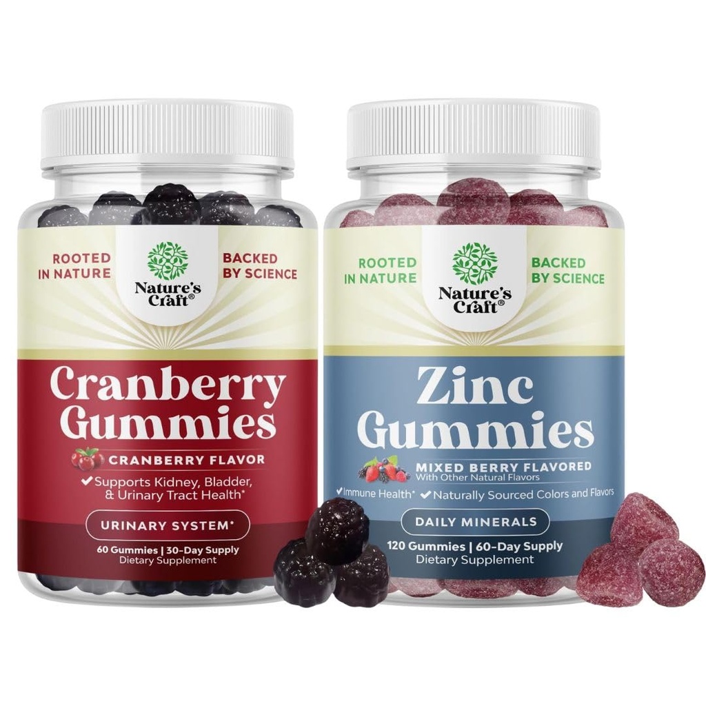 Bundle av naturlig Cranberry Gummies for kvinner og menn og ekstra styrke sink for voksne - Extra styrke Delicious Antioxidant Cranberry Chews - Chewable Zink Citrate 50mg immunitet