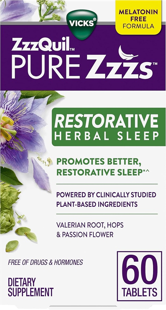 ZzzQuil PURE Zzzs Restorative Herbal søvn, tabletter, gratis av narkotika og hormoner, Melatonin-fri formel, Valerian Root, Hop, Passion Blomster, søvnhjelpemidler for voksne, 60 teller