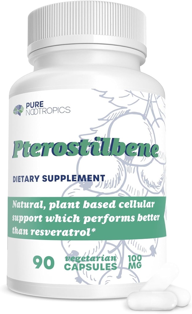 Pure Nootropics - Pterostilbene 100 mg kapsler (90) | Plantebasert støtte for cellulær helse | i hus & stive 3rd Party Testing for høyere renhet og styrke