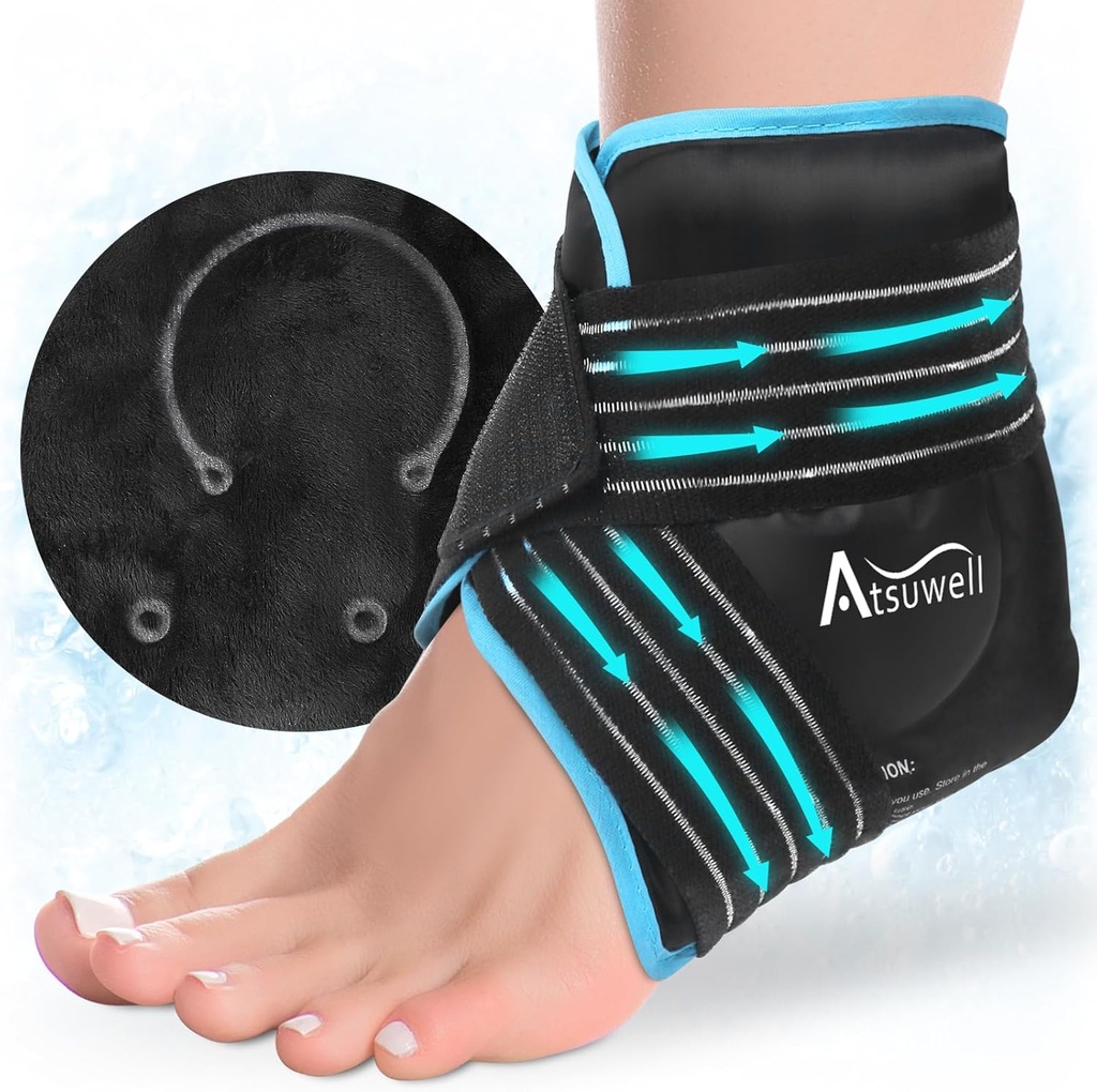 Atsuwell Ankle Ice Pack Wrap, Reusable Gel Ice Pack for Fot Ankel Hæl, Fot Ice Wrap med myk Plush lining, kald komprimering terapi for å lindre Discomfort, svart