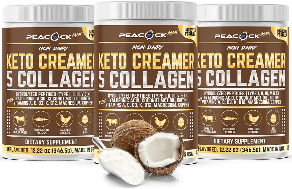 Collage keto kaffe creamer pulver 12.22 oz, pakke med 3, Hydrolysert collagen peptider med kokos MCT Olje, Magnesium, Unflavored Protein pulver, sukkerfri kaffekremer for smoothies