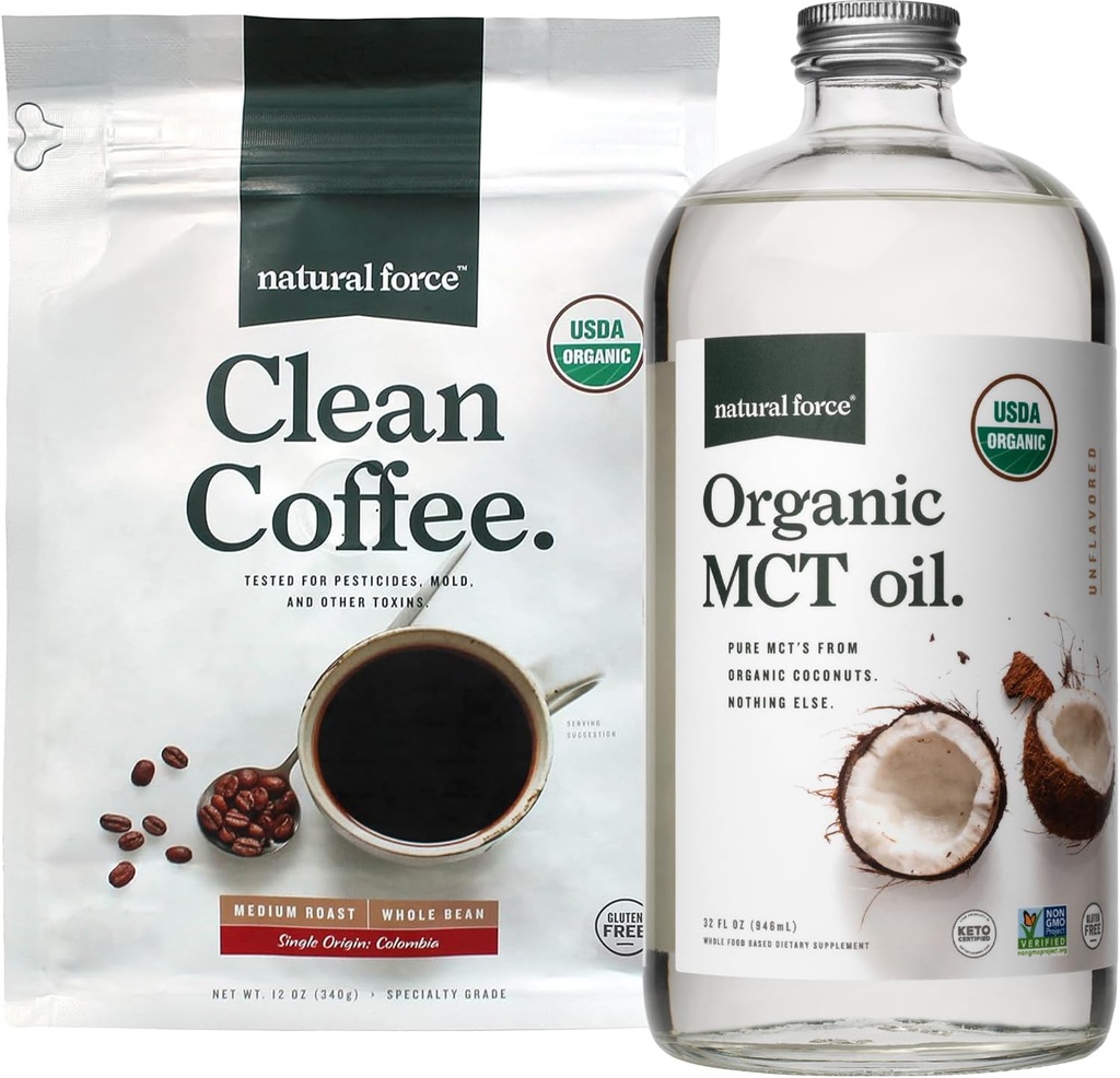 Naturlig kraft organisk ren kaffe + organisk MCT oljebundle - 100% ren kokosnøtt MCTs & Mold & Mykotoksin Gratis kaffe - ikke-GMO, keto, paleo og vegansk - 12 Oz Bag og 32 Oz glassflaske