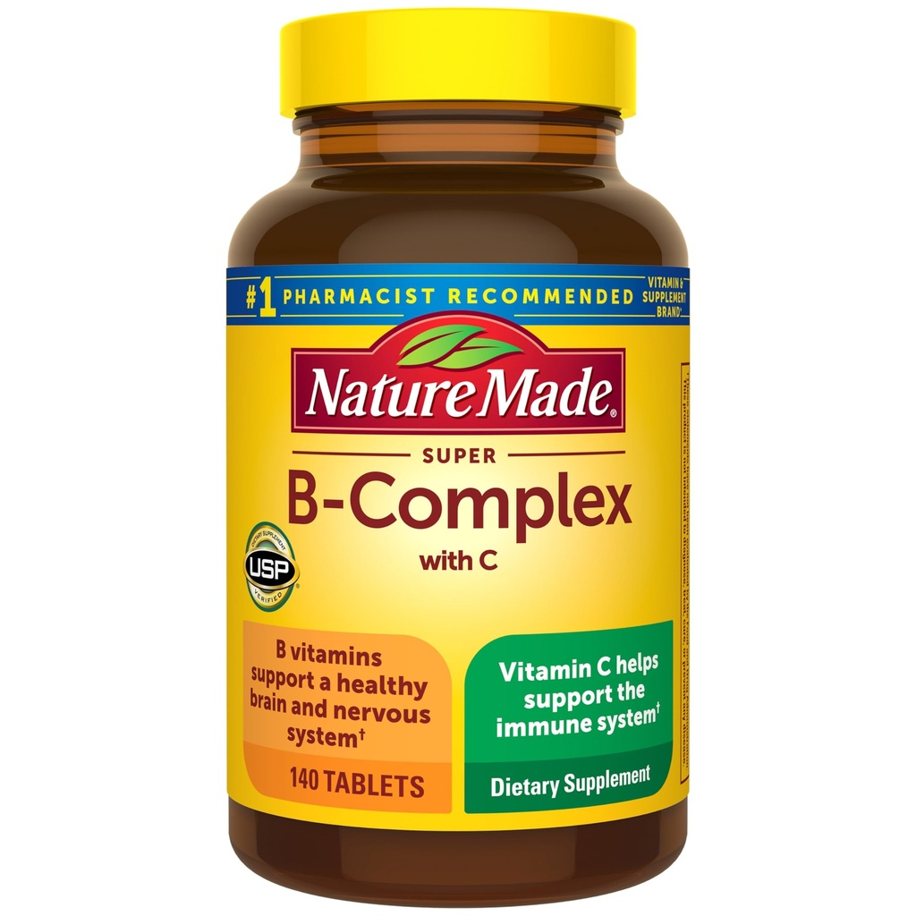 Natur laget Super B-kompleks med vitamin C & folsyre, B kompleks vitaminer for kvinner og menn, kosttilskudd for immunstøtte, 140 tabletter, 140 dagers forsyning