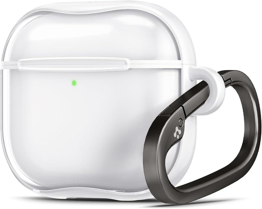 Spigen Ultra Hybrid Designet AirPods 4 Case (2024) Anti-Yellow Clear Deksel med Carabiner Nøkkelkjede - Jet Hvit
