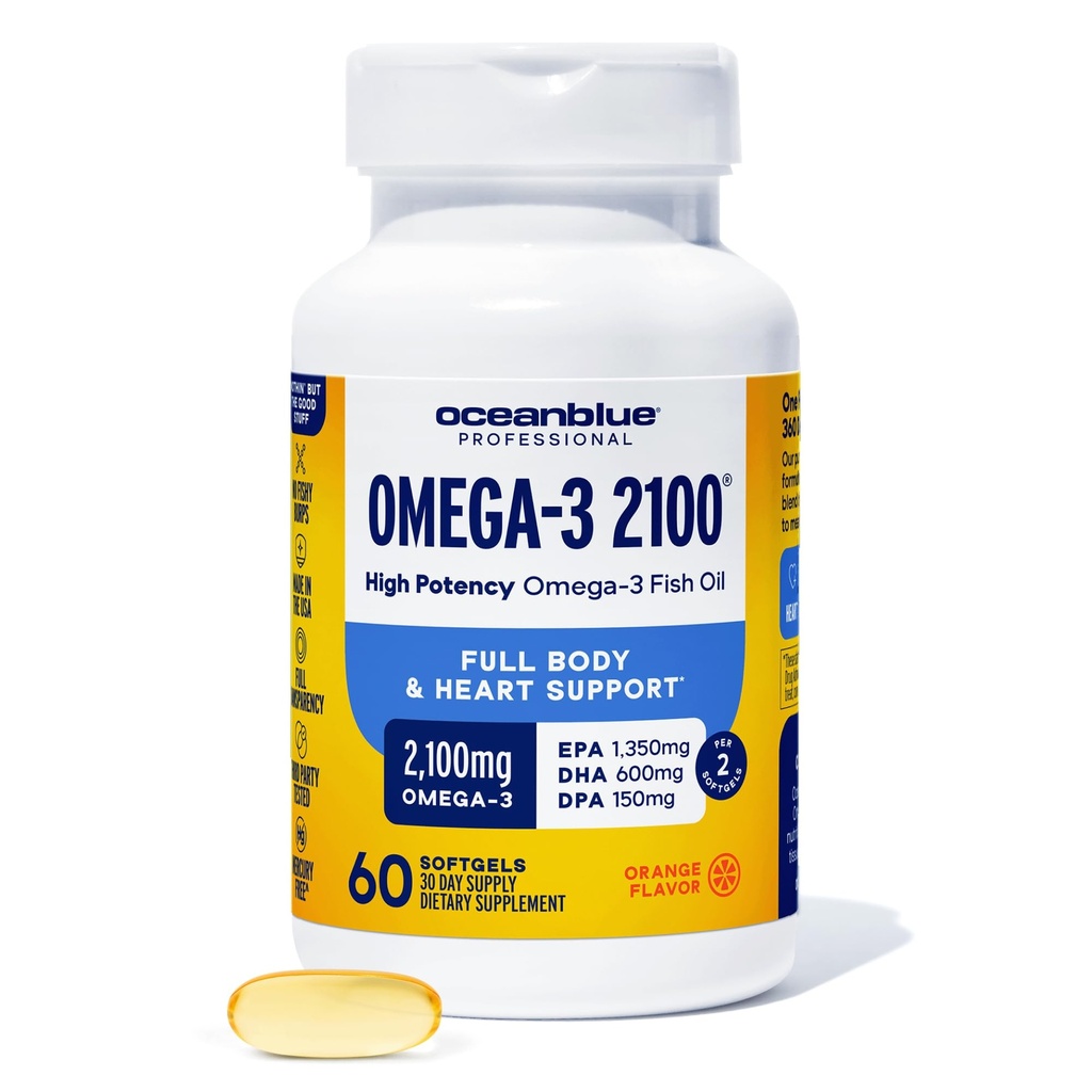 Oceanblue Professional Omega-3 2100-60 greve - høy potens trippel styrke Burpless Fish Oil Supplement med EPA, DHA & DPA - Orange Flavor, 30 Services