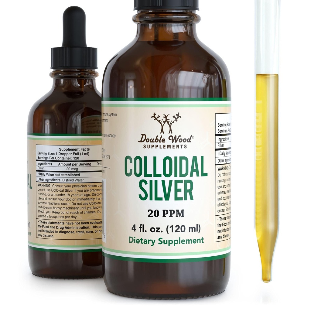 Colloidal Silver Liquid 20 PPM - 4 Fl OZ (Plata Coloidal med Dropper) 99,9% Pure, Glutenfri, Ikke-GMO ved Dobbel Tre Supplements