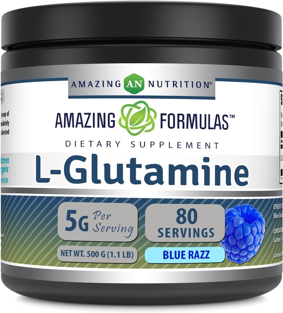 Amazing Formler L-Glutamine pulver | Aminosyre Supplement | Ikke-GMO | Glutenfri | laget i USA (blå bringebær | 1,1 Lb)