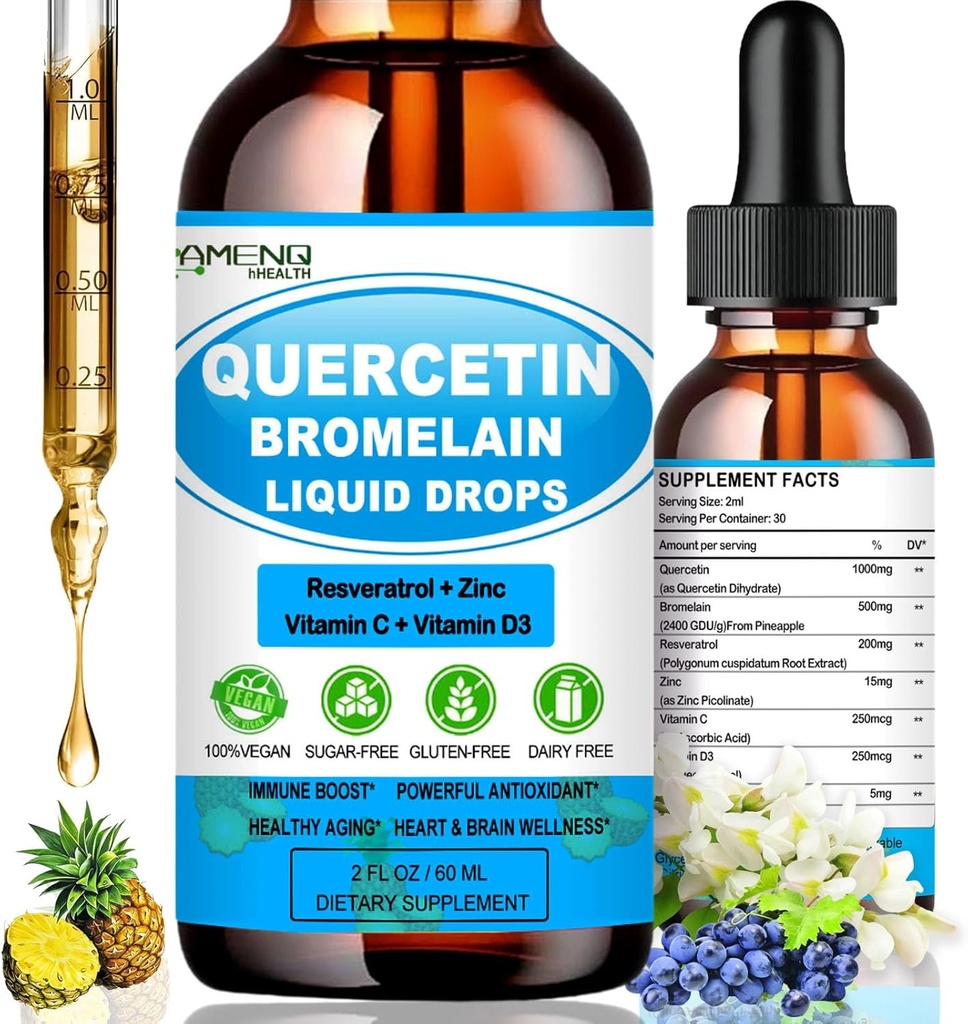 Quercetin med C-vitamin og sink - Quercetin flytende dråper - Quercetin med Bromelain - Zinc Quercetin - immunstøtte Supplement for pustende helse og kroppens respons på anledningsallergier