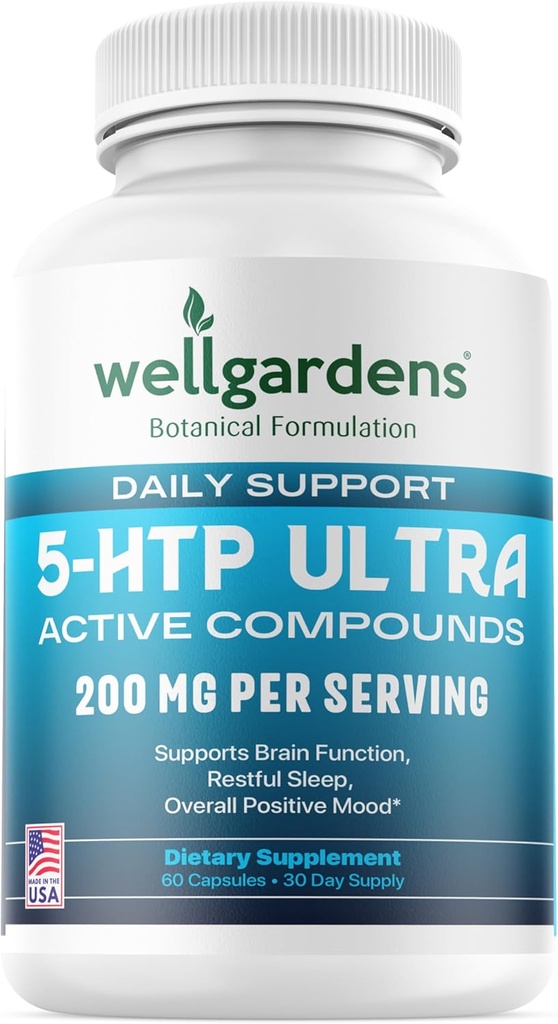 100% ren 200 MG 5-HTP Ultra for sunn søvn og følelse av velvære - støtte humør, stress, søvn - 5HTP Kosttilskudd med kalsium - 60 5HTP 200 mg kapsler, 30 serveringer