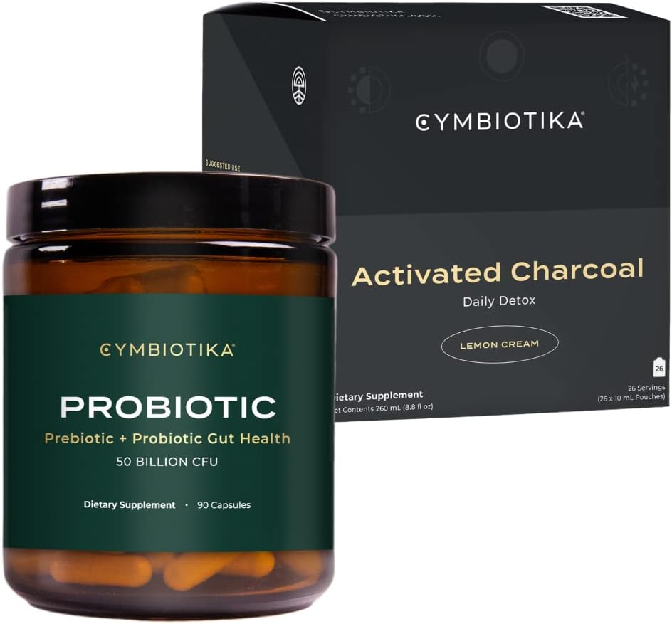 CYMBIOTIKA Probiotic 50 milliarder CFU & Aktivert Charcoal Liquid Supplement, støtter Sunn Digestion for menn og kvinner, Mage Detox & Digestive Relief, hjelper alleviate Gas & Bloating, lett å bruke